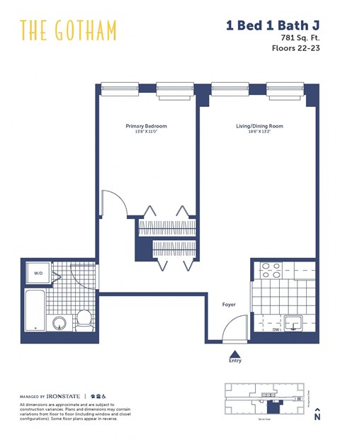 Floor plan for 1 bed, 1 bath, 781 sqft